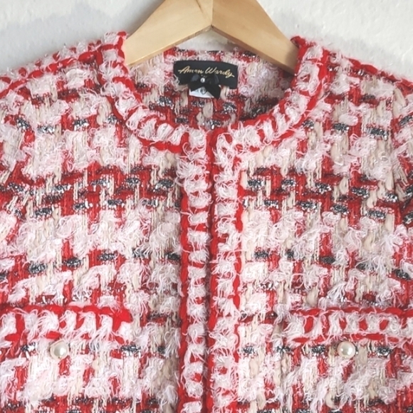 NWOT Amen Wardy Aspen Metallic Tweed Mid Length Jacket Pink Red Size FR36 - Picture 3 of 17